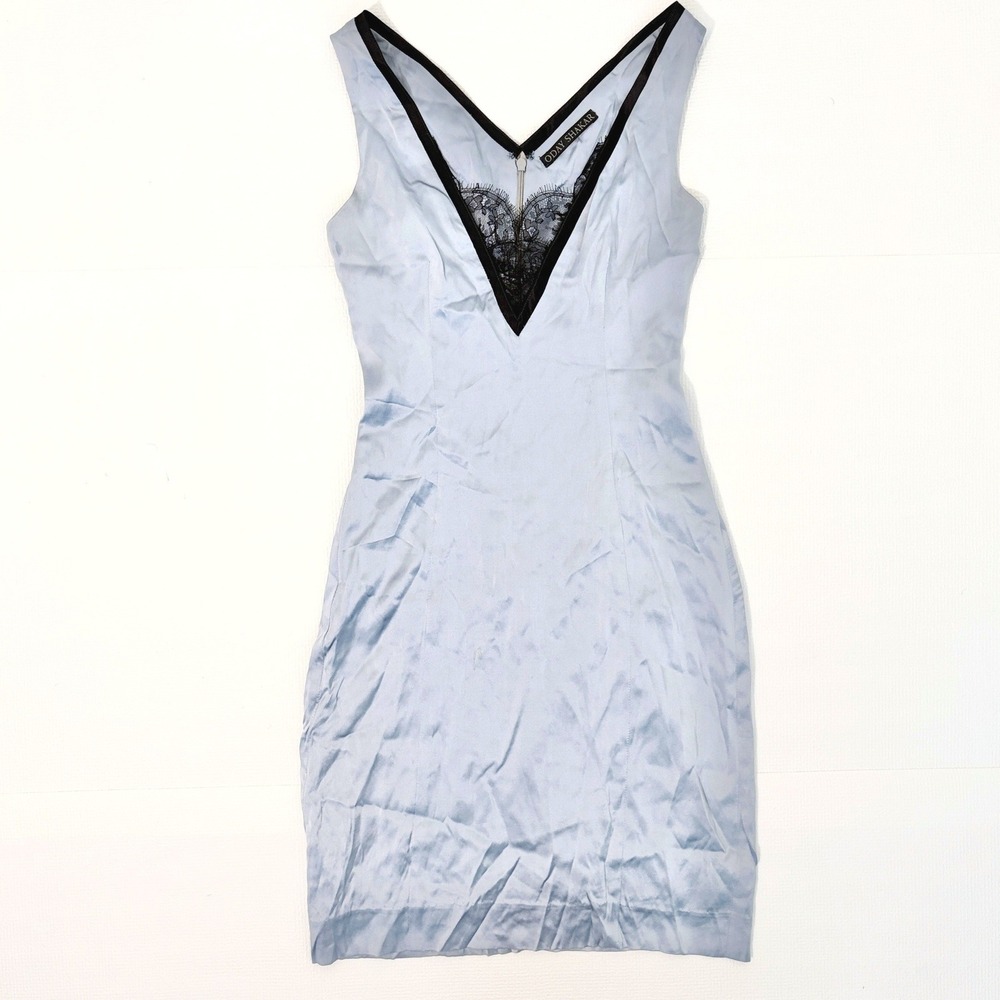 Oday Shakar Silk Mini Dress Lace Trim V-Neck Blue Black Size XS